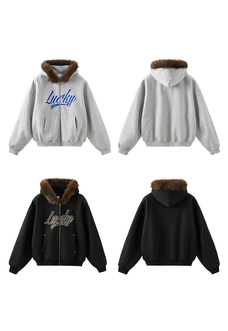 Split detail—black logo embroidery and gray blue “Lucky” print.