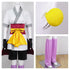 machi cosplay hunter x hunter costume detail yellow bracelet and purple leggings close up