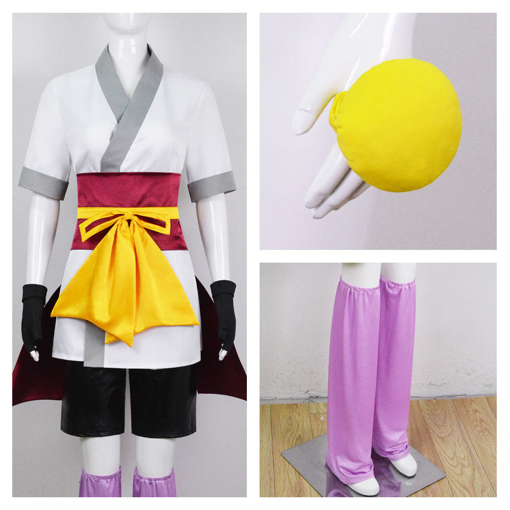 machi cosplay hunter x hunter costume detail yellow bracelet and purple leggings close up