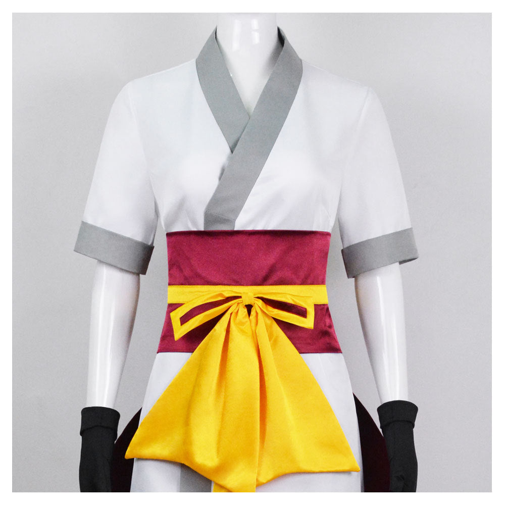 machi cosplay hunter x hunter costume front view yellow sash and red waist belt detail
