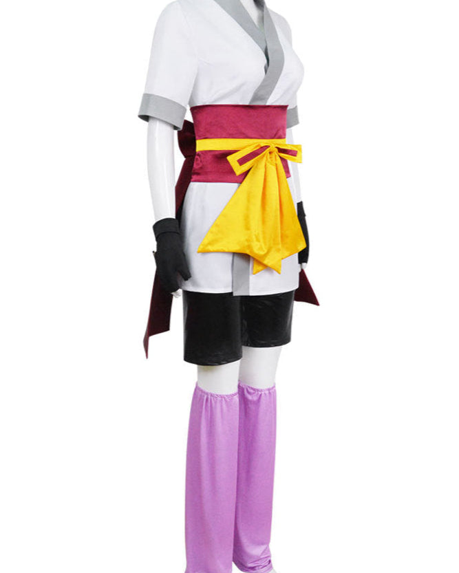 machi komacine hunter x hunter cosplay costume side view with purple leggings and gloves