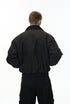Back view—black men bomber jacket with rib hem and clean seam