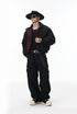Black stand-collar bomber, zip closed, relaxed wide-leg pants