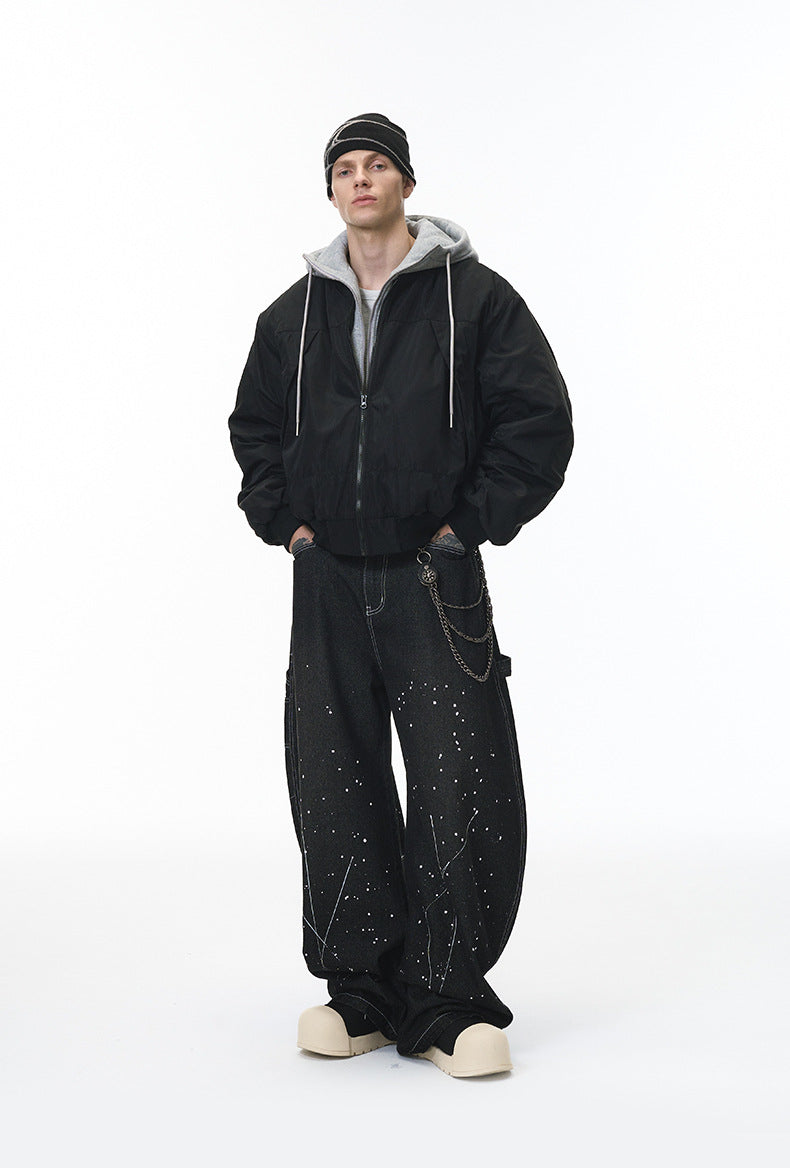 Black men bomber jacket, loose fit with wide pants, front view
