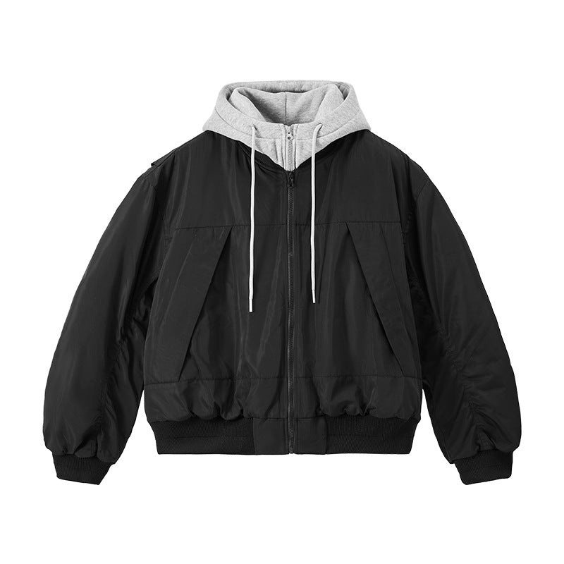 Black/gray two-tone bomber with light hood, studio flat lay