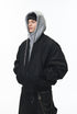 Black bomber jacket side view, dropped shoulder, loose sleeve