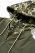 Close-up camo hood insert with drawcords for olive bomber