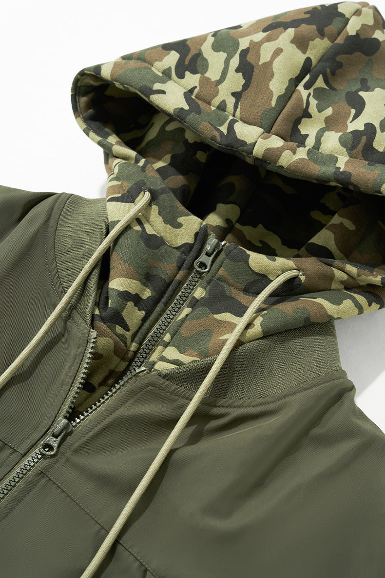 Close-up camo hood insert with drawcords for olive bomber