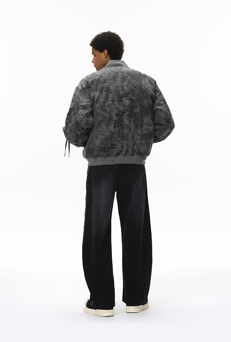Men bomber jacket dark gray back view on model, rib hem and camo panels