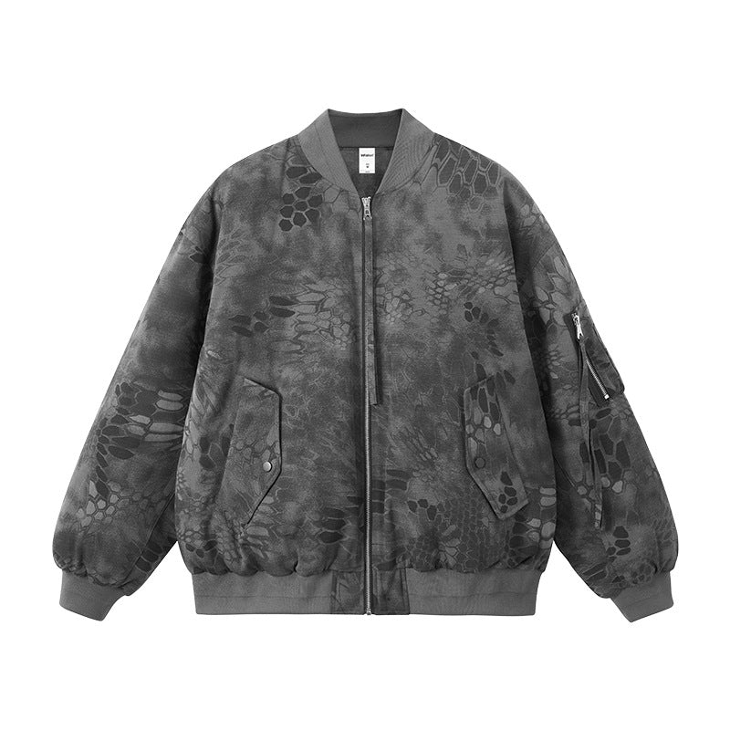 Dark gray men bomber jacket flat lay front, tonal camo print with rib collar cuffs hem