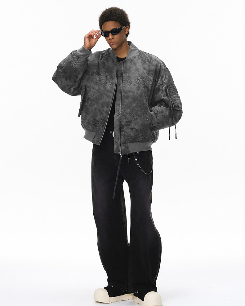 Men bomber jacket dark gray front on model, relaxed street fit