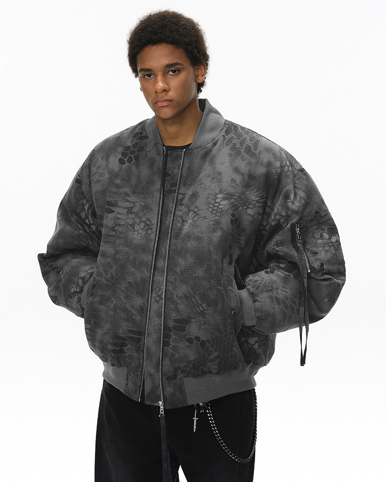 Men bomber jacket dark gray half-body front, hands in pockets