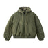 Olive bomber flat lay with camo hood attached, front pockets