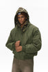 Olive bomber with camo hood up, two-in-one layered look