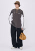 Man front view wearing gray retro contrast long sleeve t-shirt with white sleeves