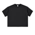 Front flat lay view of a mens black heavyweight boxy fit short sleeve t shirt with raw edges on white background.