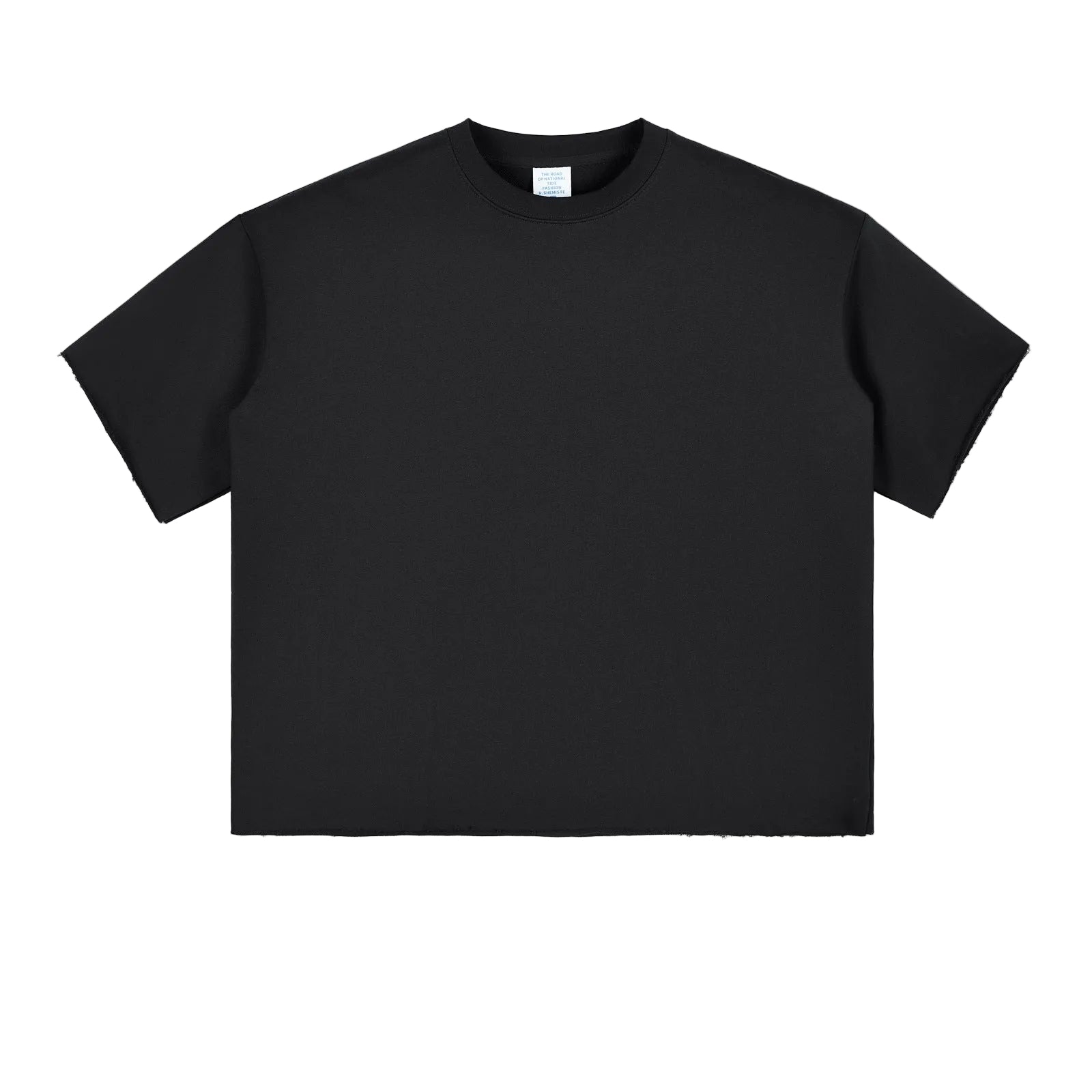 Front flat lay view of a mens black heavyweight boxy fit short sleeve t shirt with raw edges on white background.