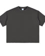 Front flat lay view of a mens dark grey raw edge heavyweight boxy fit short sleeve t shirt on white background.
