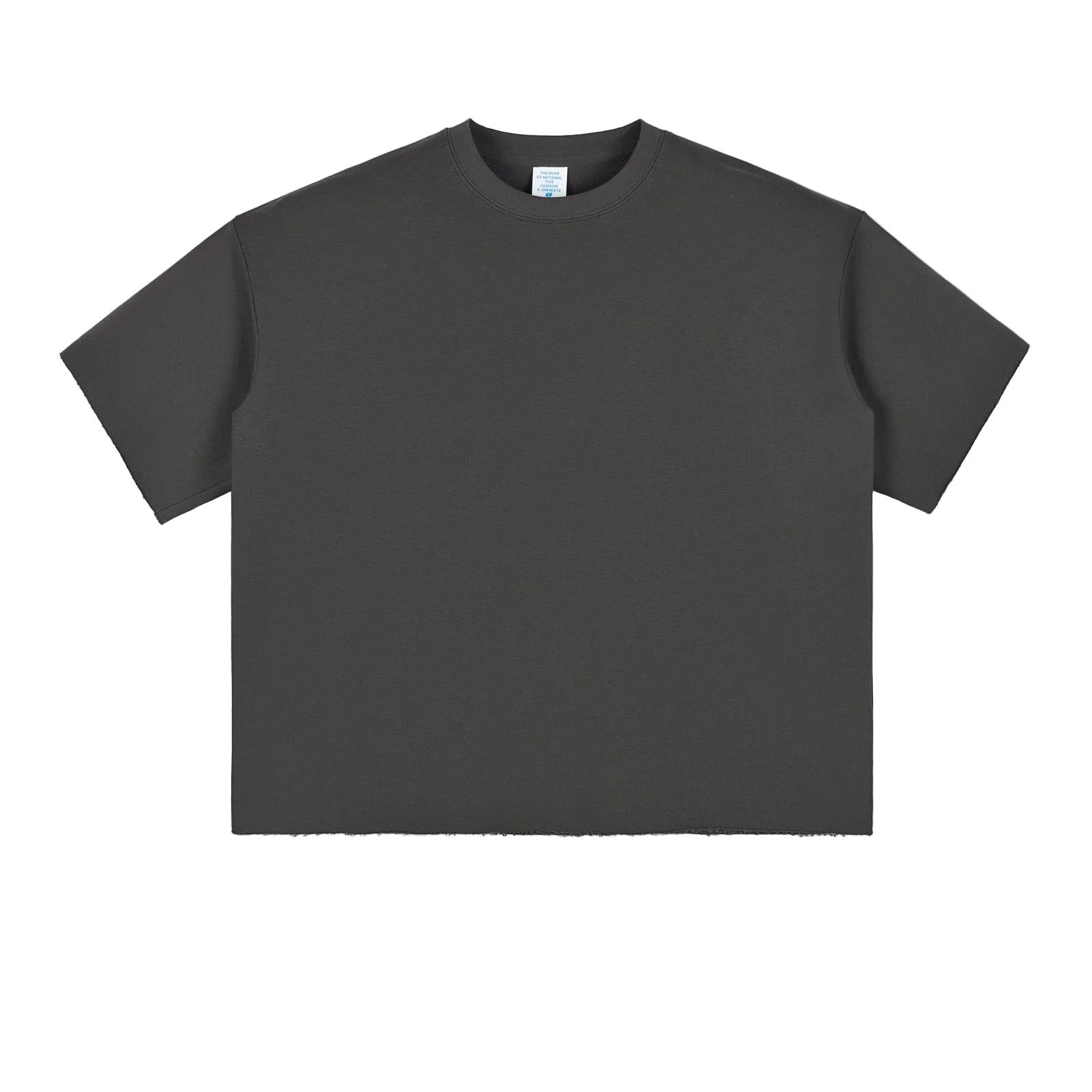 Front flat lay view of a mens dark grey raw edge heavyweight boxy fit short sleeve t shirt on white background.
