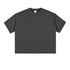 Front flat lay view of a mens dark grey raw edge heavyweight boxy fit short sleeve t shirt on white background.