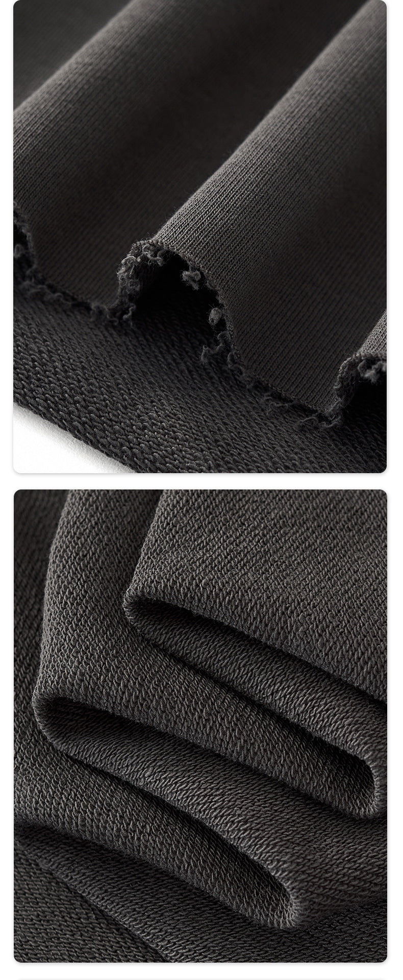 Extreme close up showing 280G french terry loopback fabric texture and distressed raw hem construction.