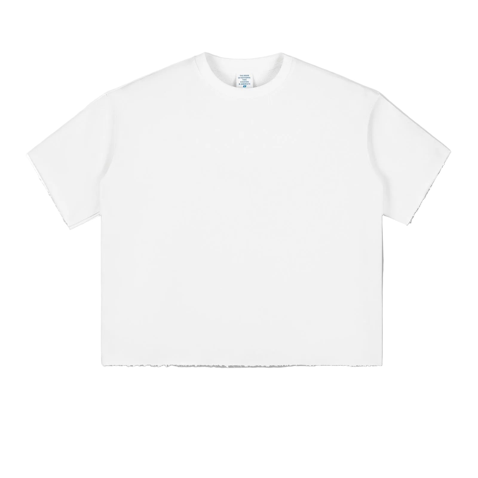 Front flat lay view of a mens off white 100% cotton french terry boxy short sleeve tee on white background.