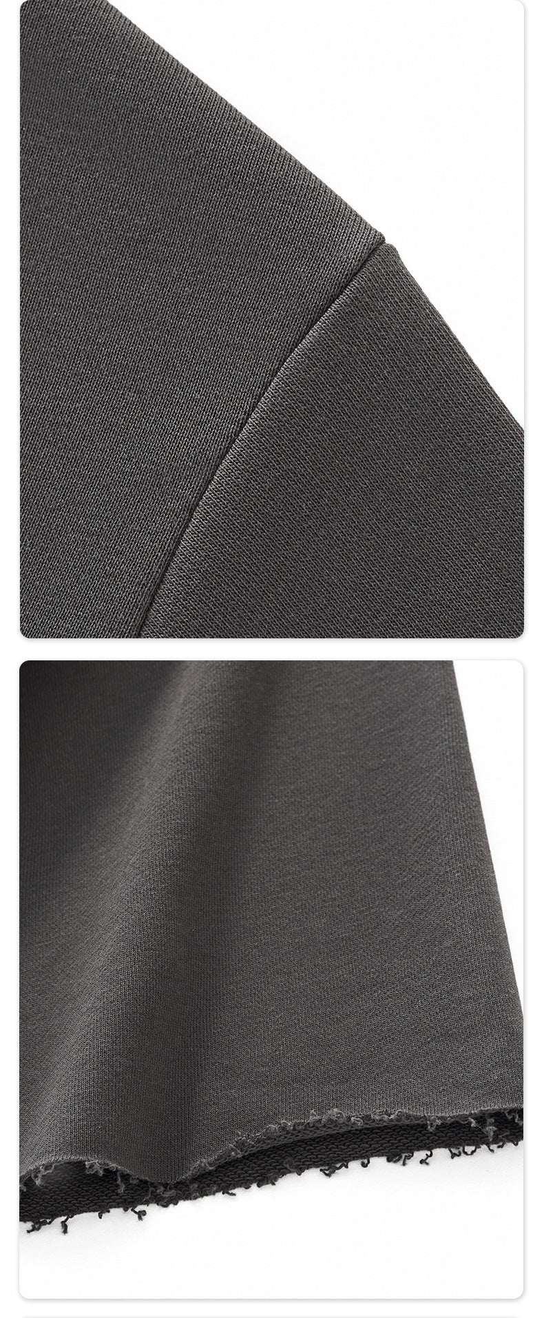 Close up view showing shoulder seam stitching and raw edge distressed sleeve hem on heavy cotton t shirt.