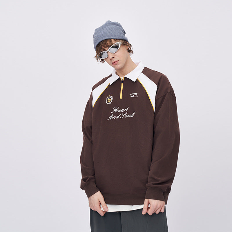 Men’s brown embroidered long sleeve t-shirt with polo collar and “Heart and Soul” design
