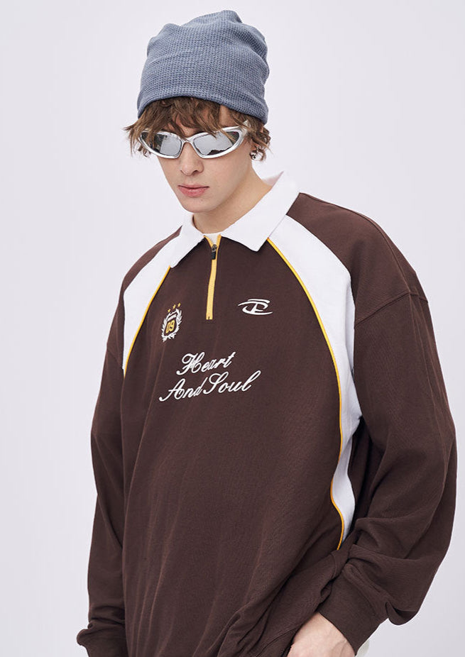 Close up of men’s brown embroidered polo collar long sleeve t-shirt