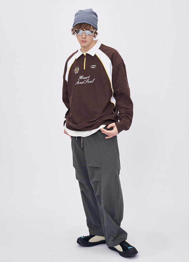 Men’s brown embroidered polo collar long sleeve t-shirt with casual styling