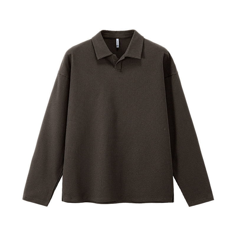 Men’s brown long sleeve t shirt waffle knit seagull collar relaxed fit