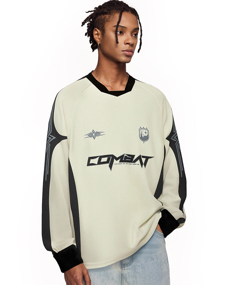 Men’s combat graphic long sleeve t-shirt in satin linen with black sleeves and oversized streetwear fit