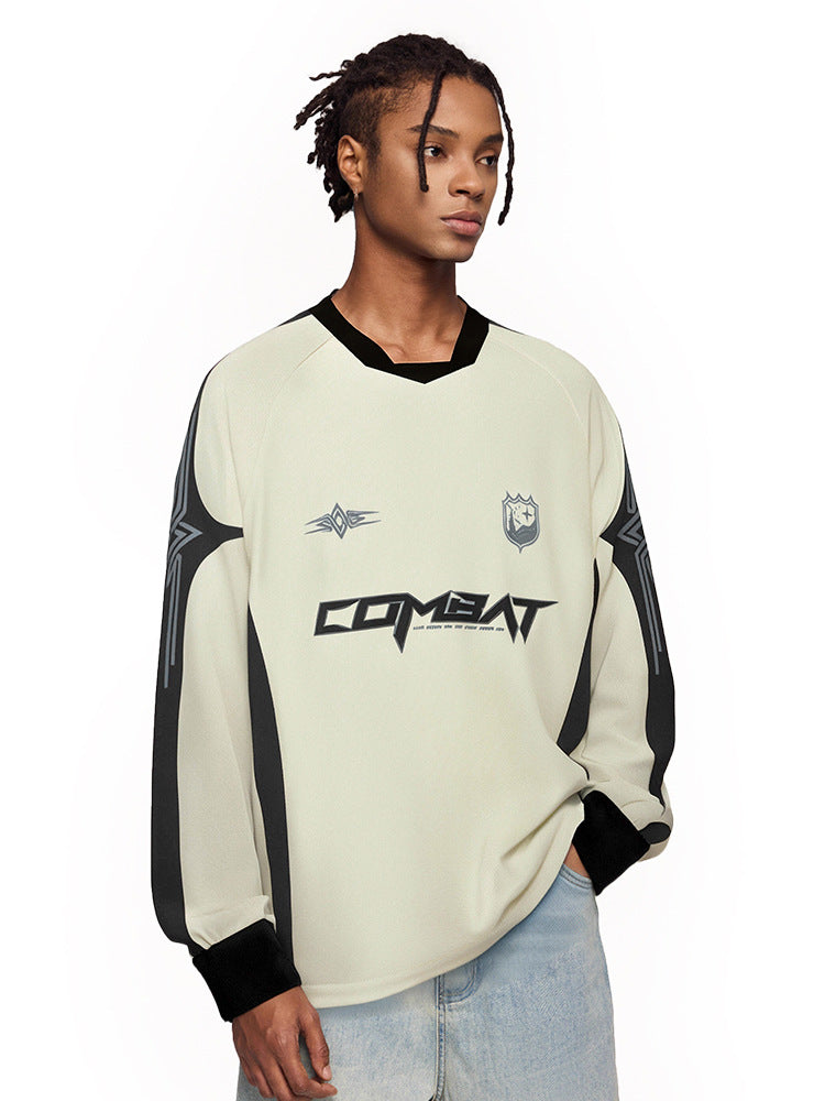Men’s combat graphic long sleeve t-shirt in satin linen with black sleeves and oversized streetwear fit