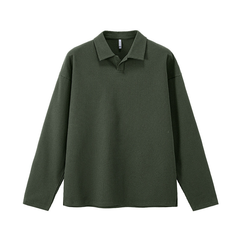 Men’s dark green long sleeve t shirt waffle knit seagull collar streetwear style