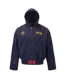 Front product view of a mens navy blue distressed zip up hoodie with paint splatters and gold chest embroidery.