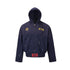 Front product view of a mens navy blue distressed zip up hoodie with paint splatters and gold chest embroidery.