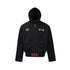 Front product shot of a mens washed black distressed zip up hoodie featuring mothholes and paint splatter details.