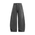 Front product shot of mens charcoal gray fleece lined curved seam barrel leg cargo pants on white background.