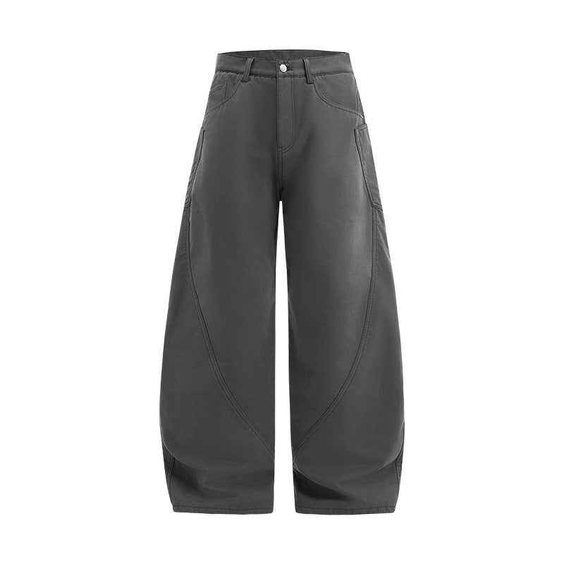 Front product shot of mens charcoal gray fleece lined curved seam barrel leg cargo pants on white background.
