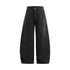 Front product view of mens washed black fleece lined wide leg curved seam cargo trousers on white background.