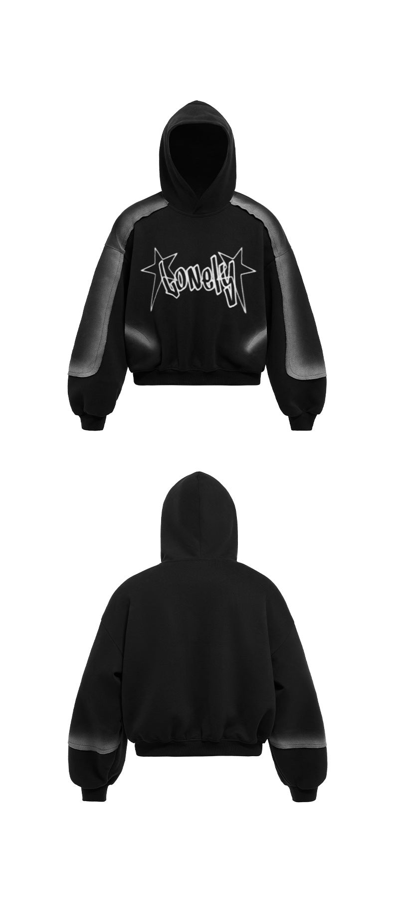 Front and back layout of black graphic hoodie, product silhouettes.