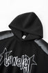 Hood detail close-up on black graphic hoodie, clean neckline.