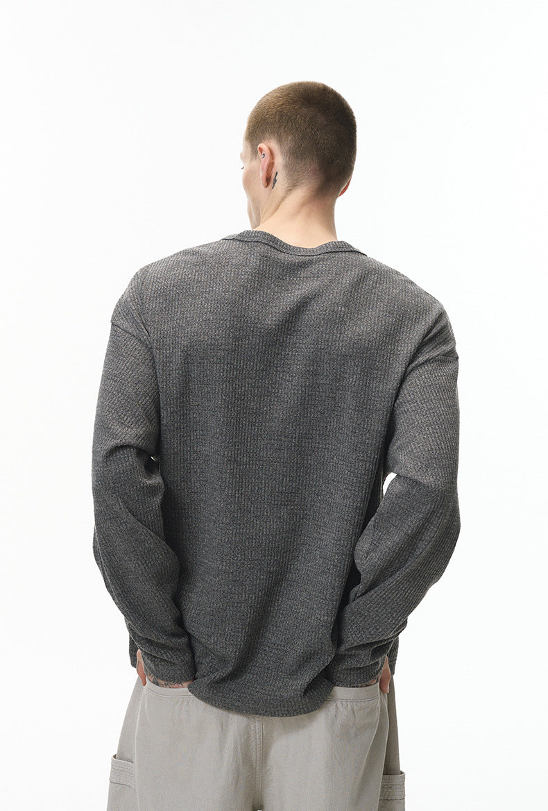 Back view of men’s gray V-neck waffle knit long sleeve t-shirt