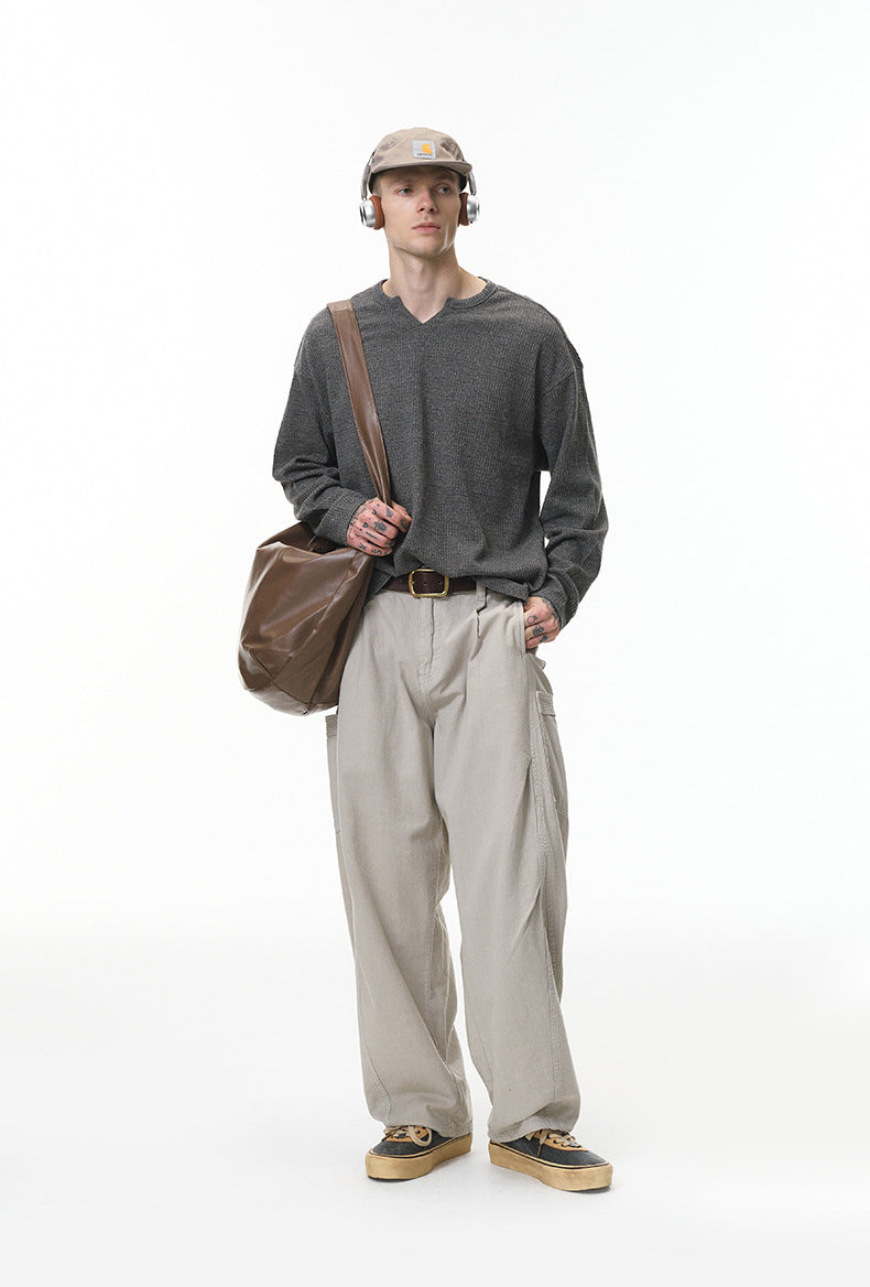 Men’s gray V-neck long sleeve t-shirt with bag casual streetwear
