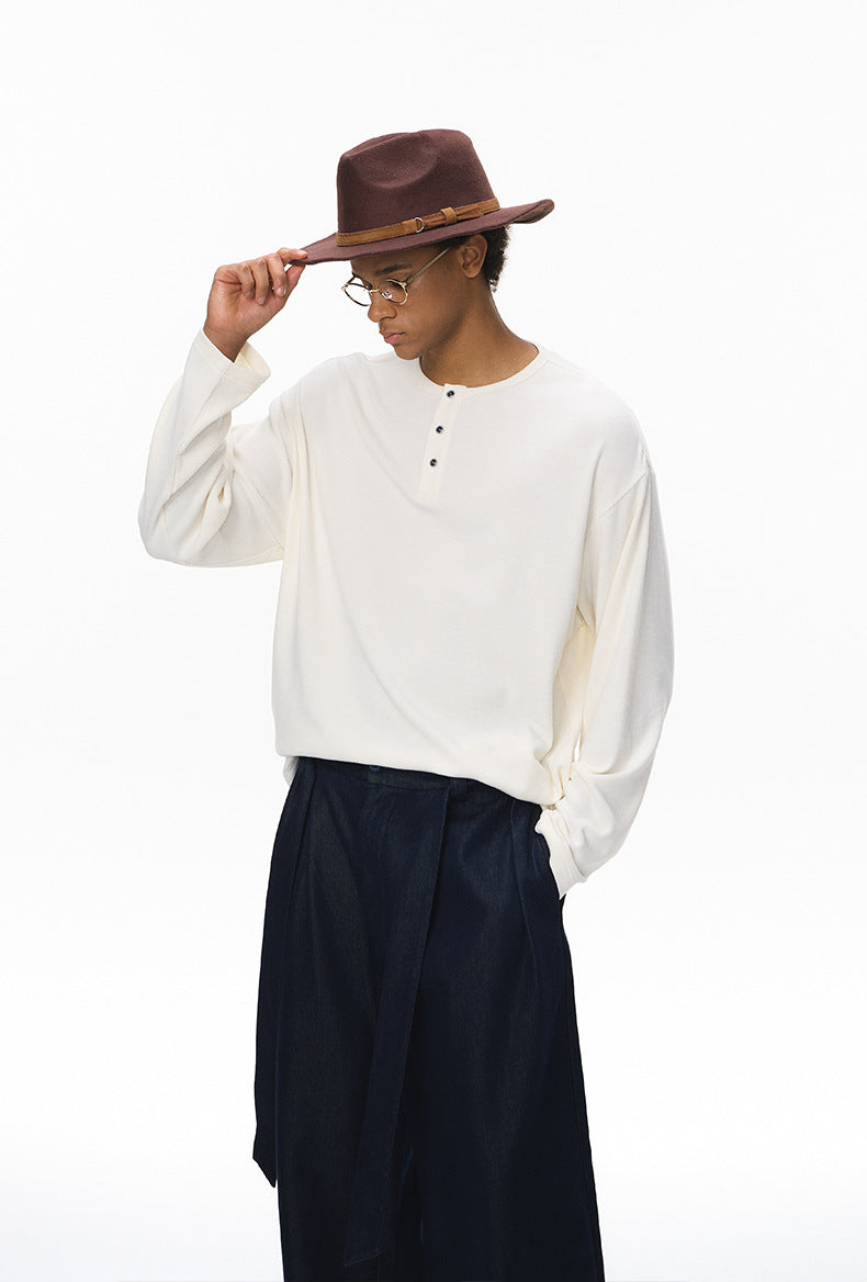Off-white men’s henley long sleeve t-shirt oversized cleanfit casual fashion