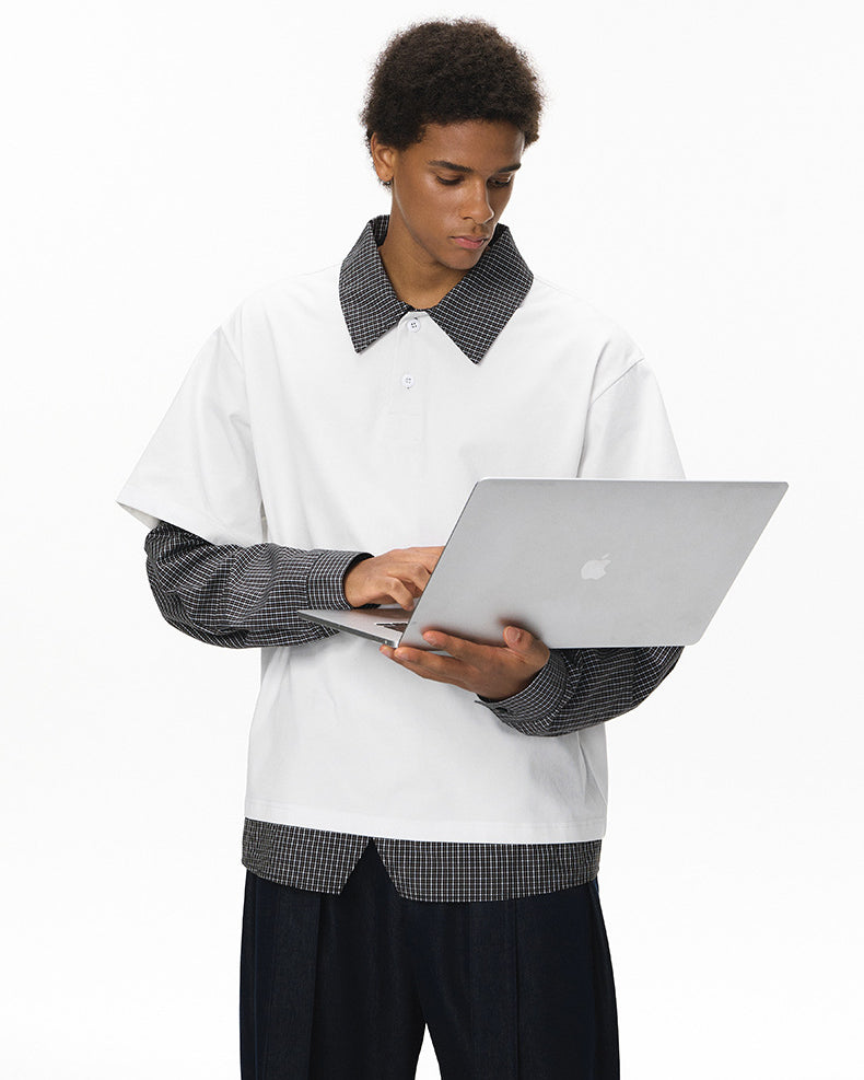 Men’s oversized layered long sleeve polo shirt in white with plaid sleeves, casual campus back-to-school look