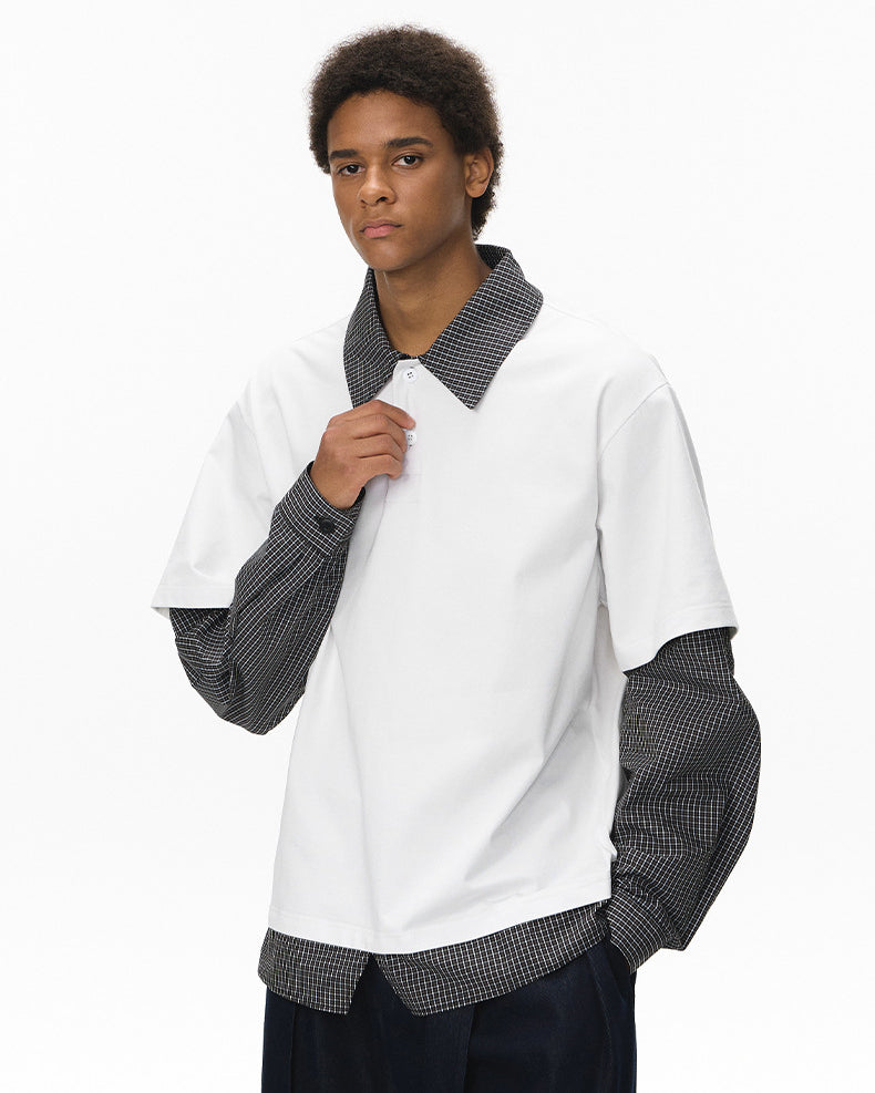 Men’s layered long sleeve polo t-shirt in white with plaid sleeves, oversized college fashion streetwear top