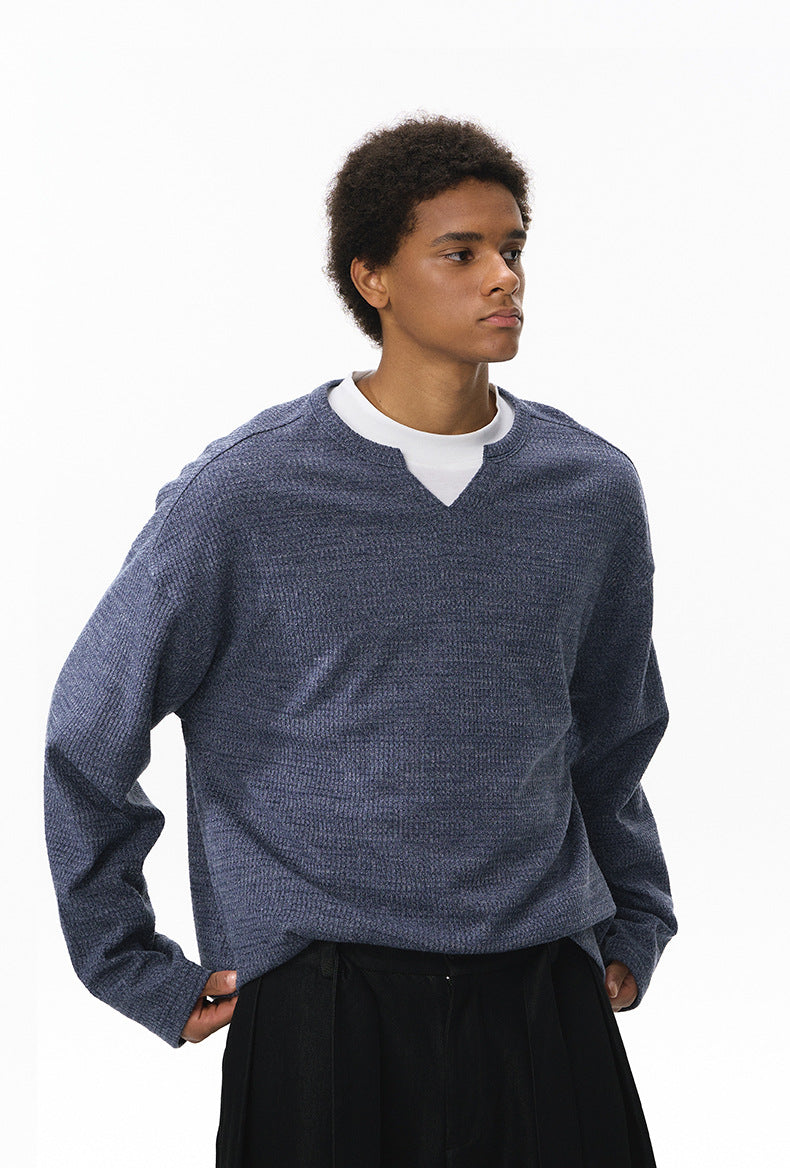 Men’s waffle knit navy blue V-neck long sleeve t-shirt casual outfit