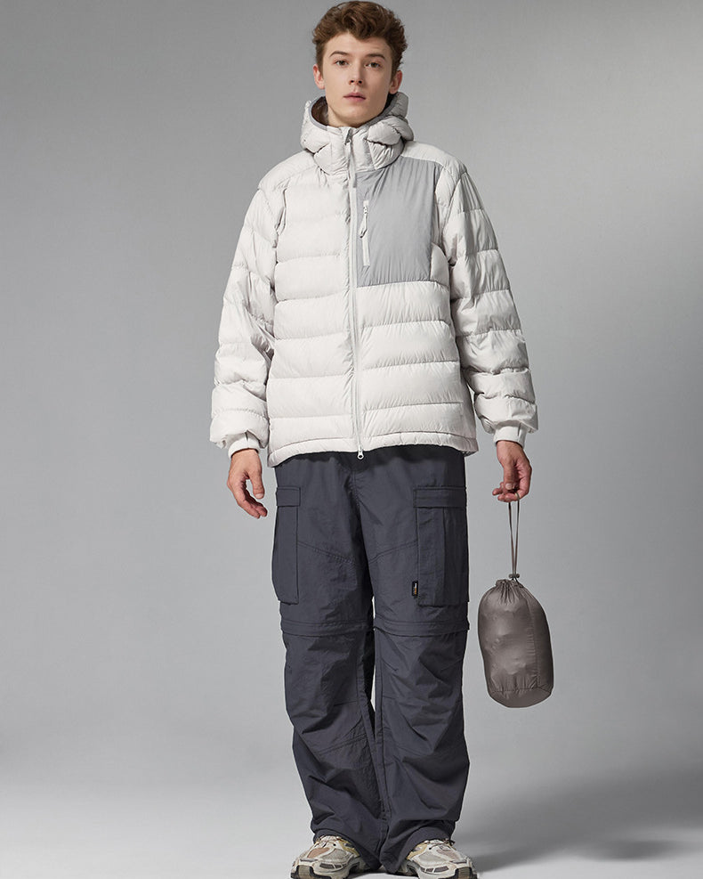 Off-white men’s puffer jacket front on model, hooded water-resistant