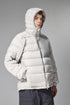 Off-white men’s puffer jacket three-quarter view, zip chest pocket
